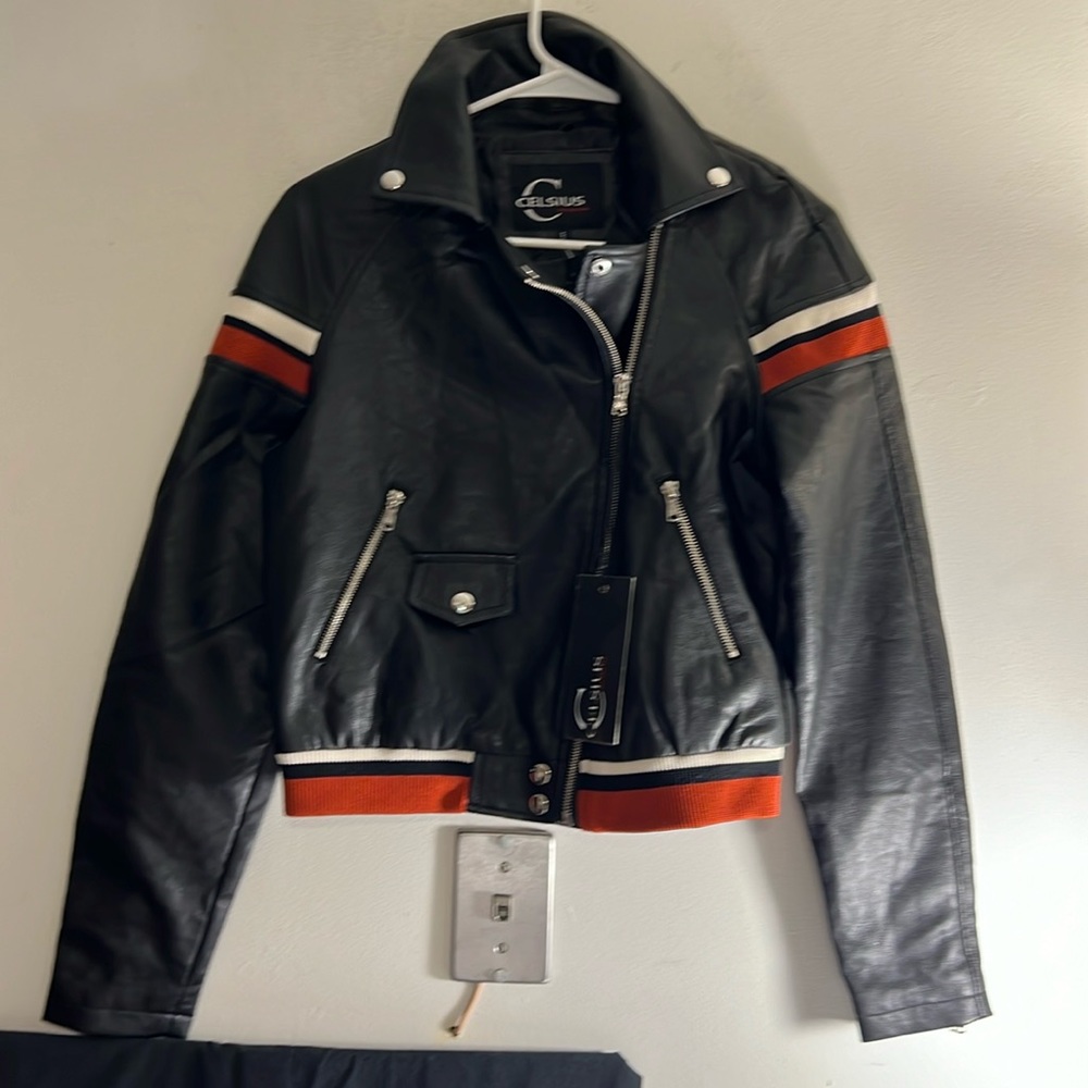 NEW Celsius Women's Faux Leather Black Jacket with Varsity Stripes Size Small